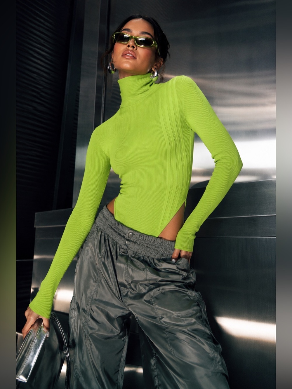 Adidas x Ivy Park Neon Green Ribbed Turtleneck Bodysuit L Beyoncé Futuristic